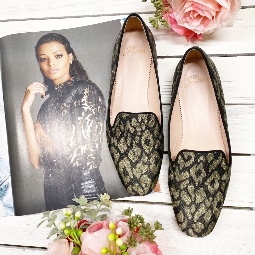 J. Crew Metallic Leopard Jacquard Smoking Flat Loafers Shoes 6.5 - Picture 1 of 11